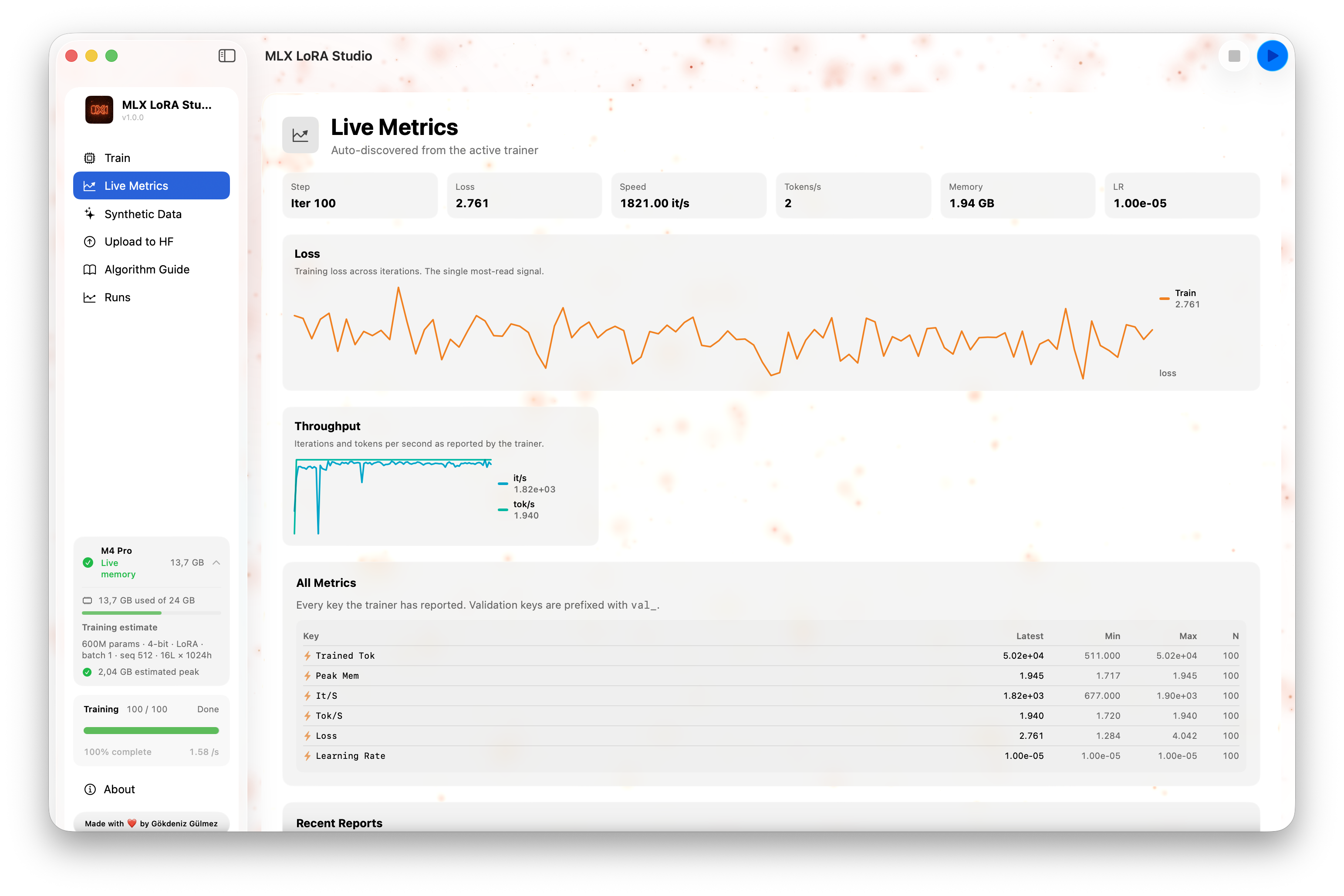 Live metrics panel showing loss and learning rate
