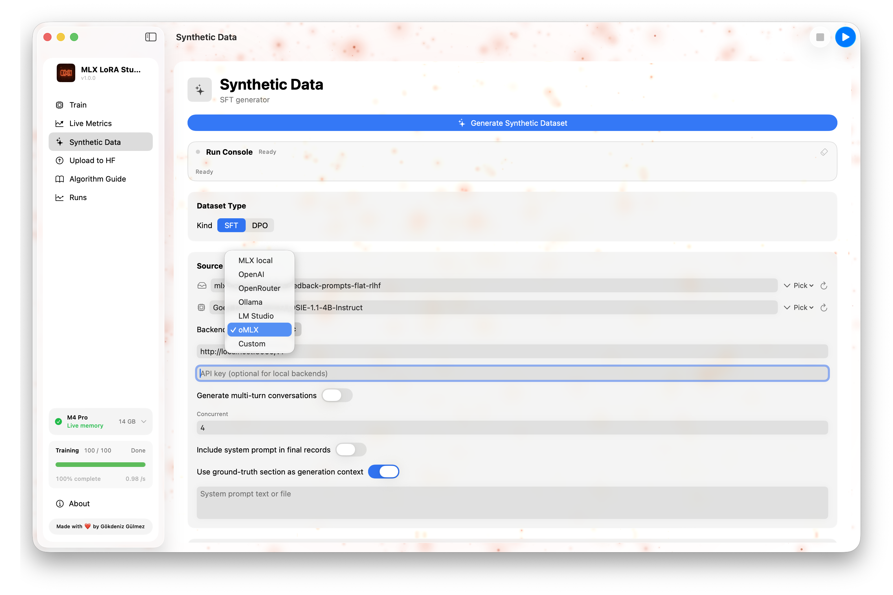 Synthetic data generation screen