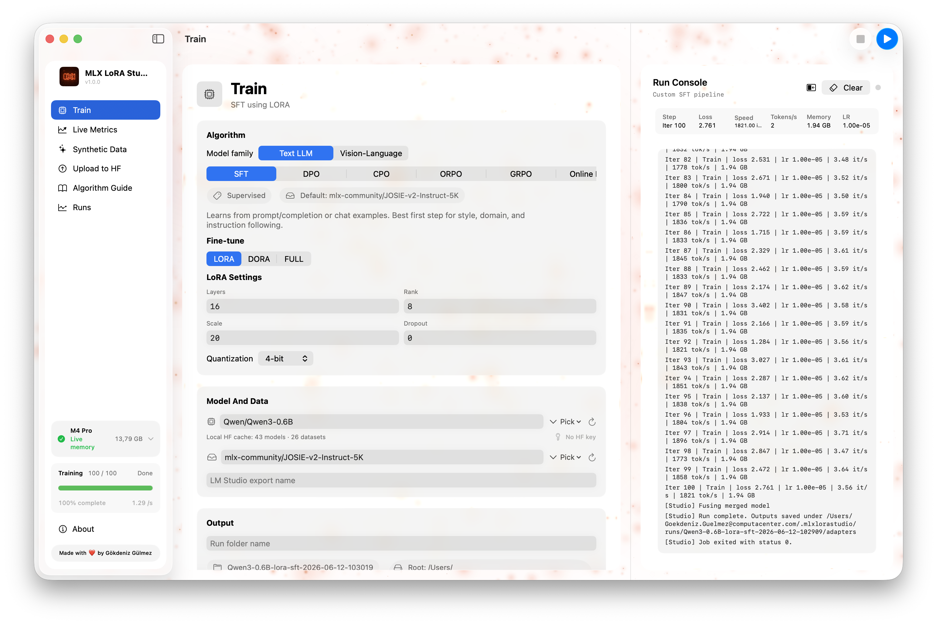 MLX LoRA Studio — Train tab with a live fine-tuning run